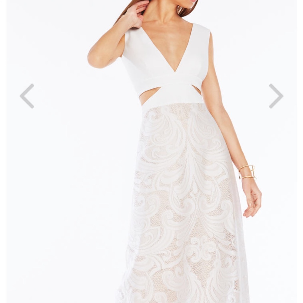 Floor length white BCBG lace detail gown